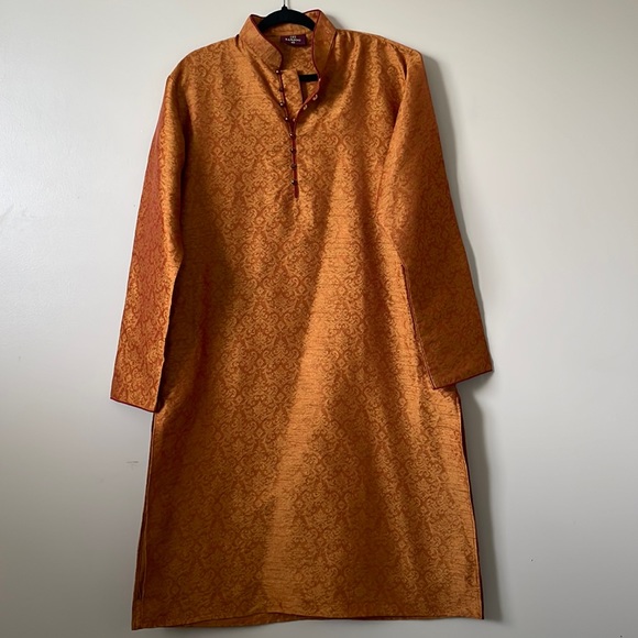 Damask embroidery design orange kurta for men - Picture 1 of 5